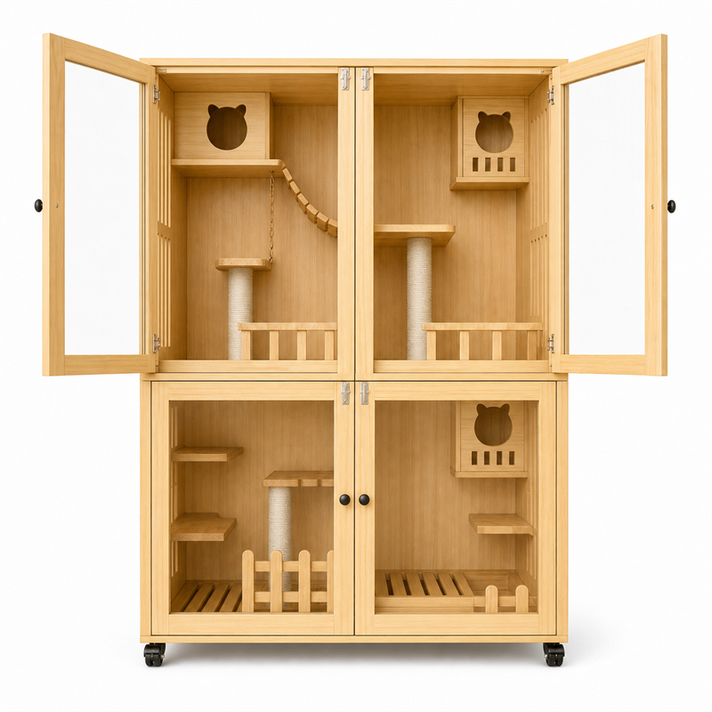 Wooden Cat Villa – Large Double Cabinet with Cat Trees