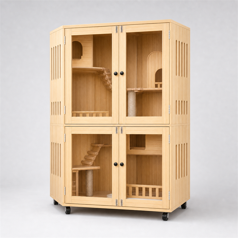 Wooden Cat Villa – Large Double Cabinet with Cat Trees