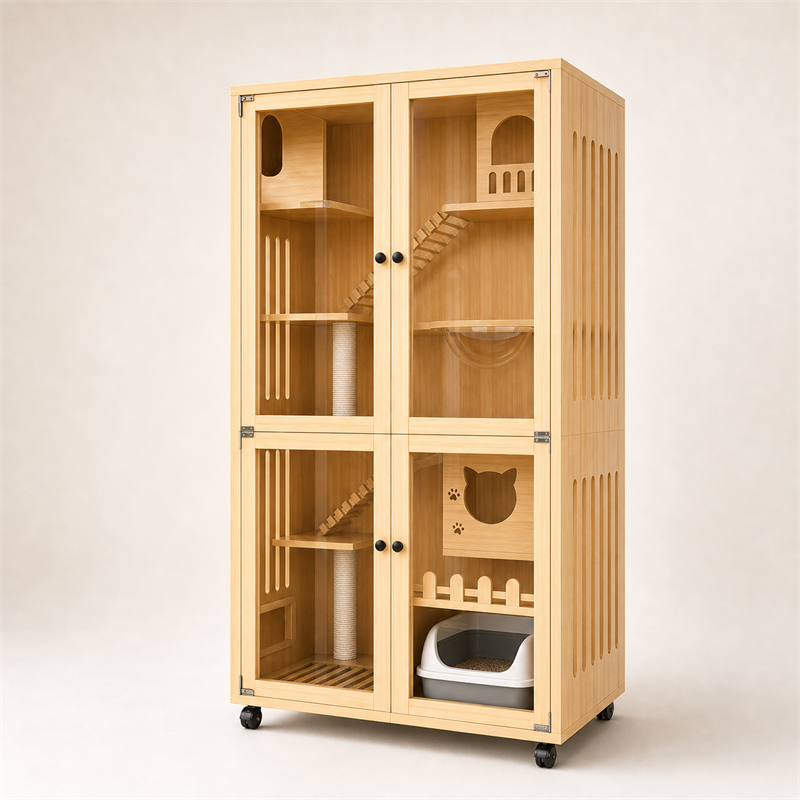 Wooden Cat Villa – Large Double Cabinet with Cat Trees