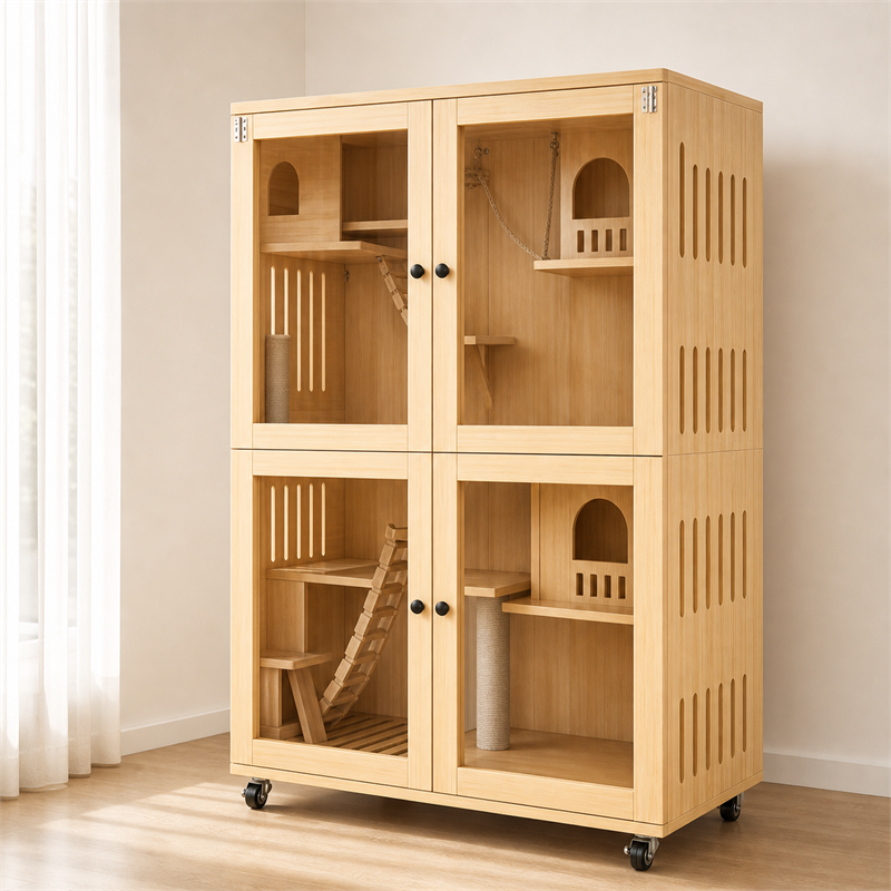 Wooden Cat Villa – Large Double Cabinet with Cat Trees