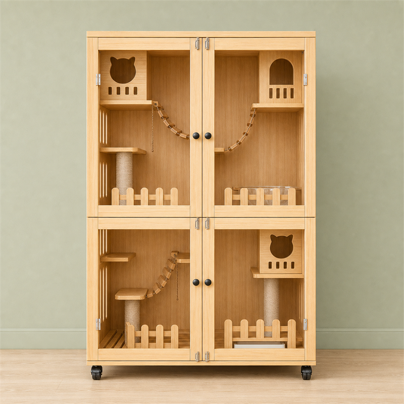 Wooden Cat Villa – Large Double Cabinet with Cat Trees
