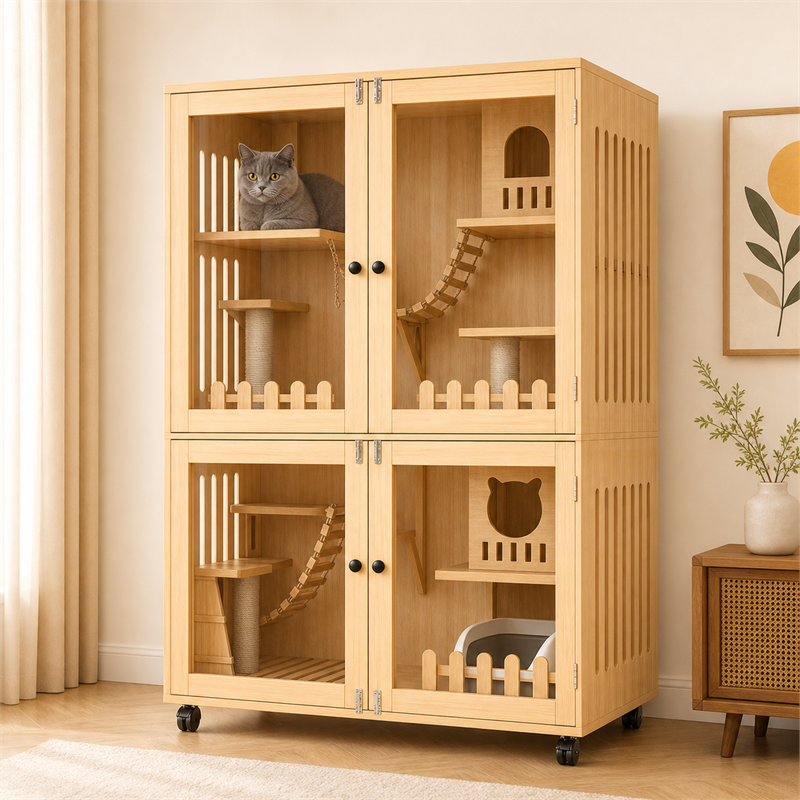 Wooden Cat Villa – Large Double Cabinet with Cat Trees