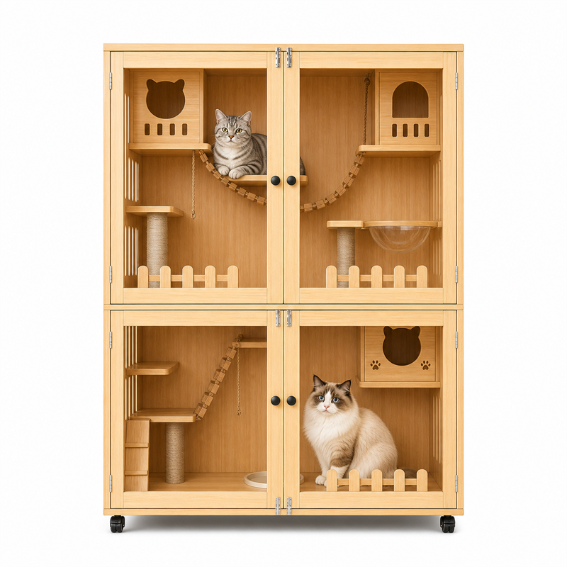 Wooden Cat Villa – Large Double Cabinet with Cat Trees