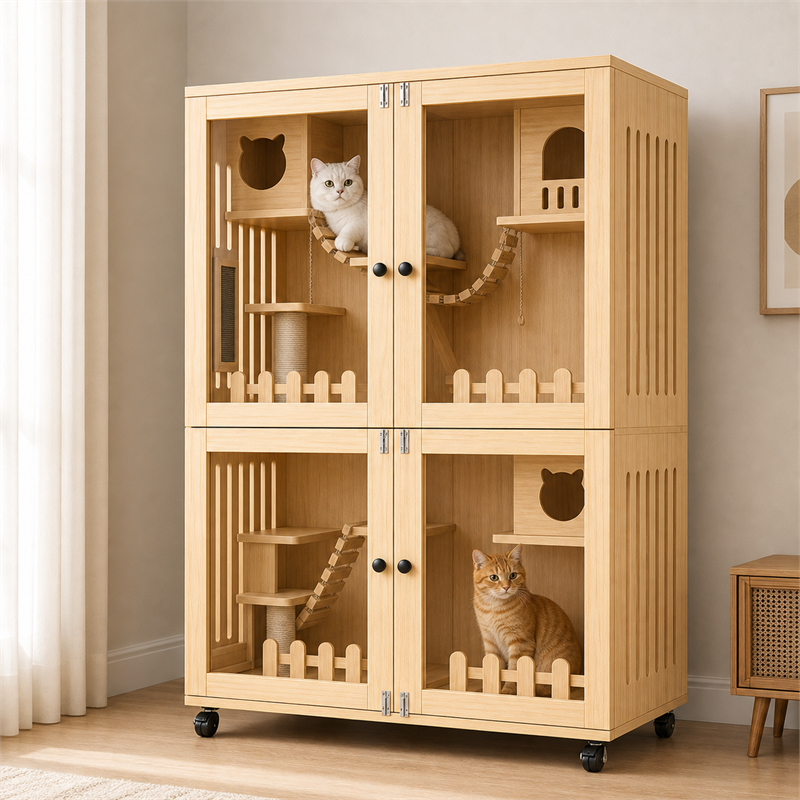 Wooden Cat Villa – Large Double Cabinet with Cat Trees