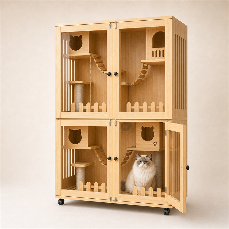 Wooden Cat Villa – Large Double Cabinet with Cat Trees