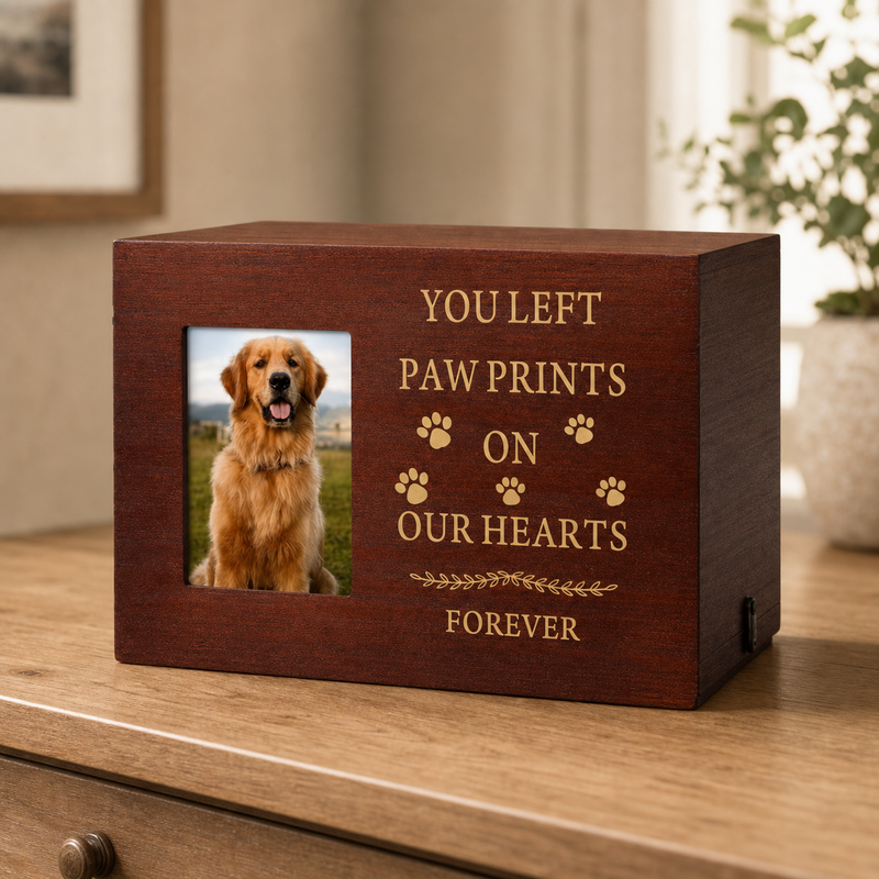 Pet Memorial Urn Box – Walnut with Photo Frame