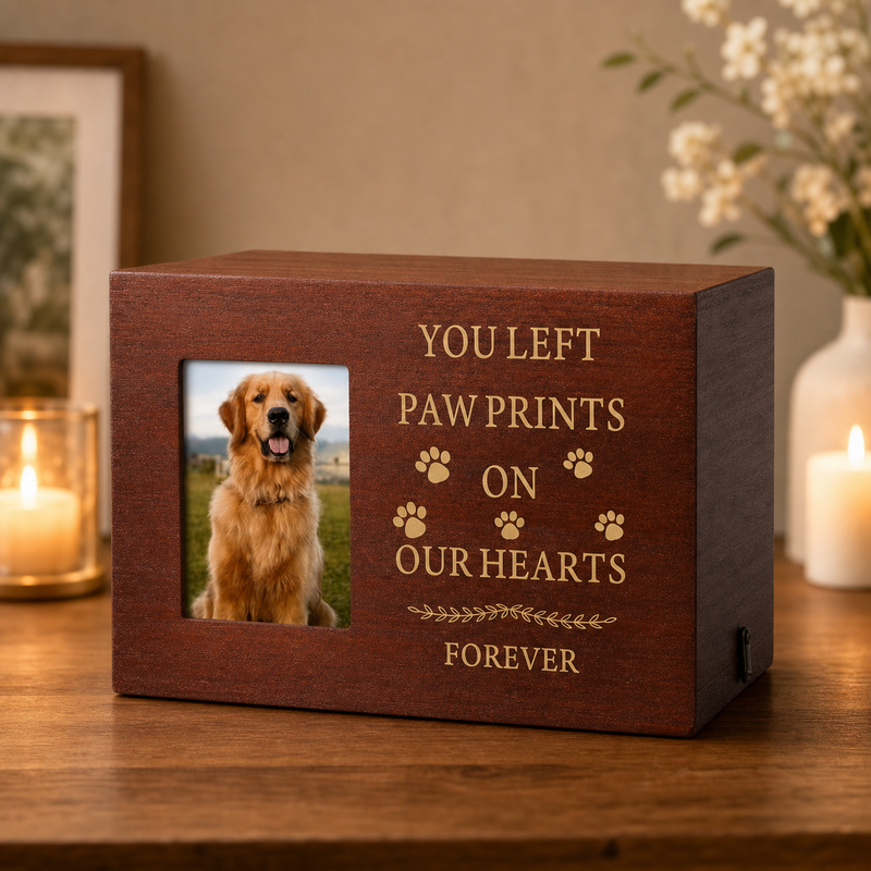 Pet Memorial Urn Box – Walnut with Photo Frame