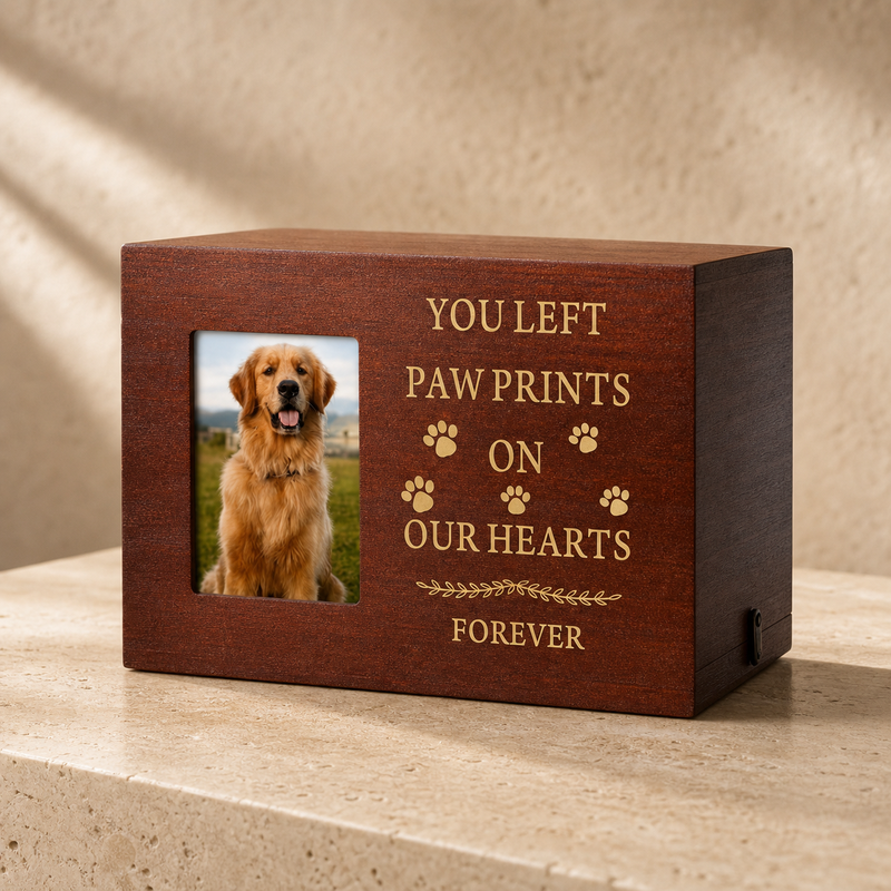 Pet Memorial Urn Box – Walnut with Photo Frame