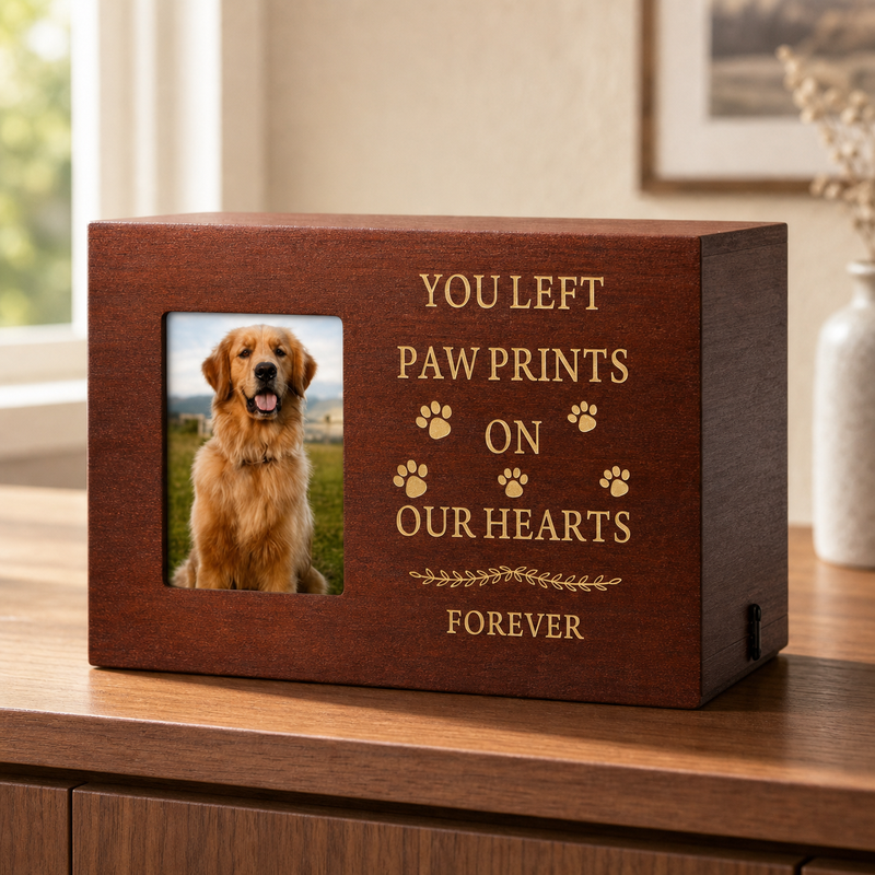 Pet Memorial Urn Box – Walnut with Photo Frame