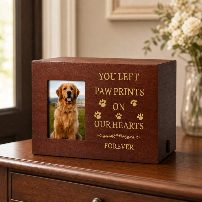 Pet Memorial Urn Box – Walnut with Photo Frame