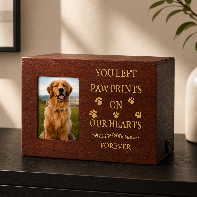 Pet Memorial Urn Box – Walnut with Photo Frame