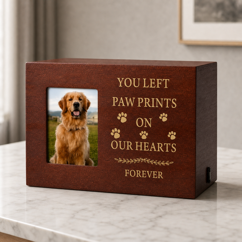 Pet Memorial Urn Box – Walnut with Photo Frame