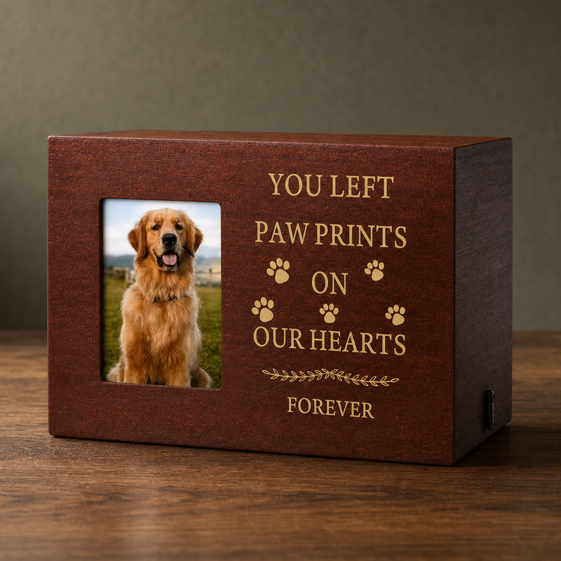 Pet Memorial Urn Box – Walnut with Photo Frame