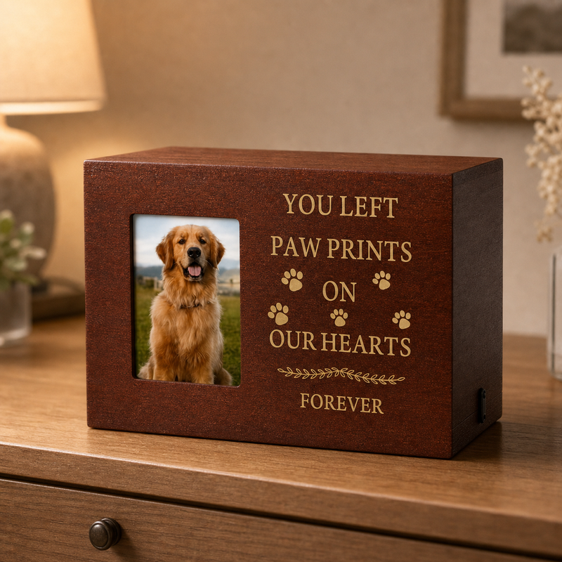 Pet Memorial Urn Box – Walnut with Photo Frame