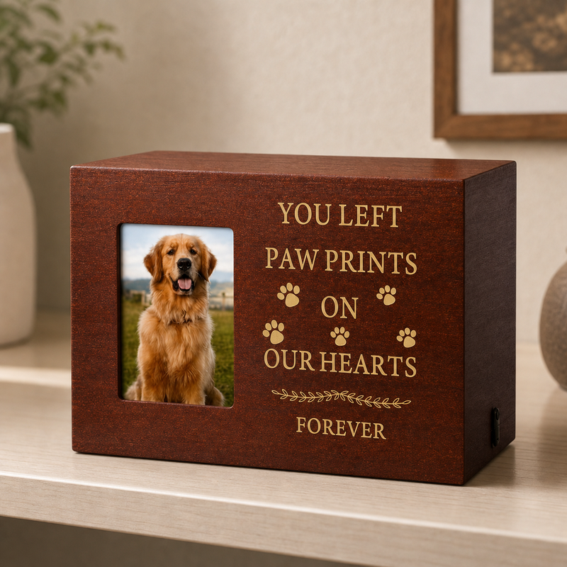 Pet Memorial Urn Box – Walnut with Photo Frame
