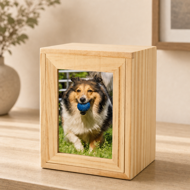 Pet Memorial Urn Box – Natural Wood with Photo Frame