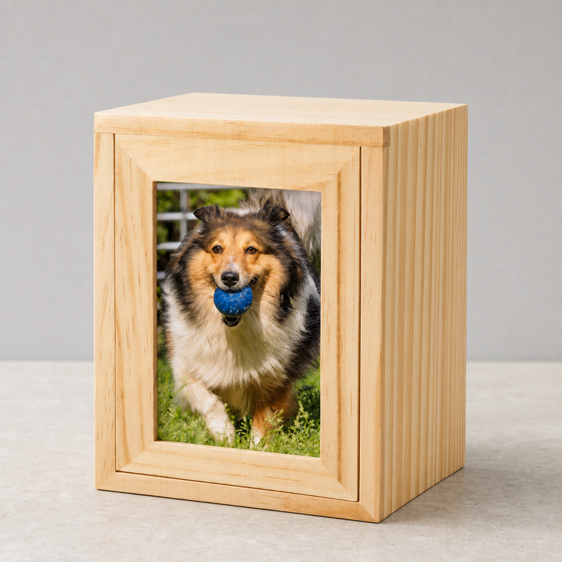 Pet Memorial Urn Box – Natural Wood with Photo Frame