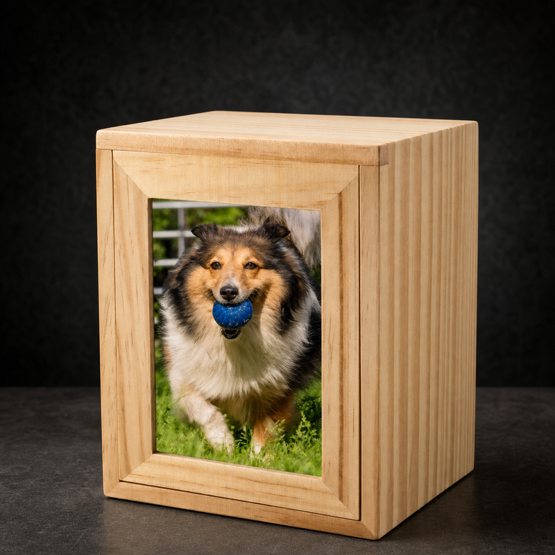 Pet Memorial Urn Box – Natural Wood with Photo Frame