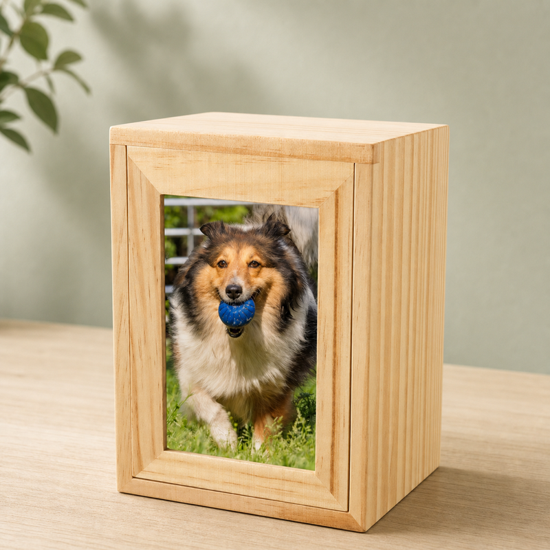 Pet Memorial Urn Box – Natural Wood with Photo Frame