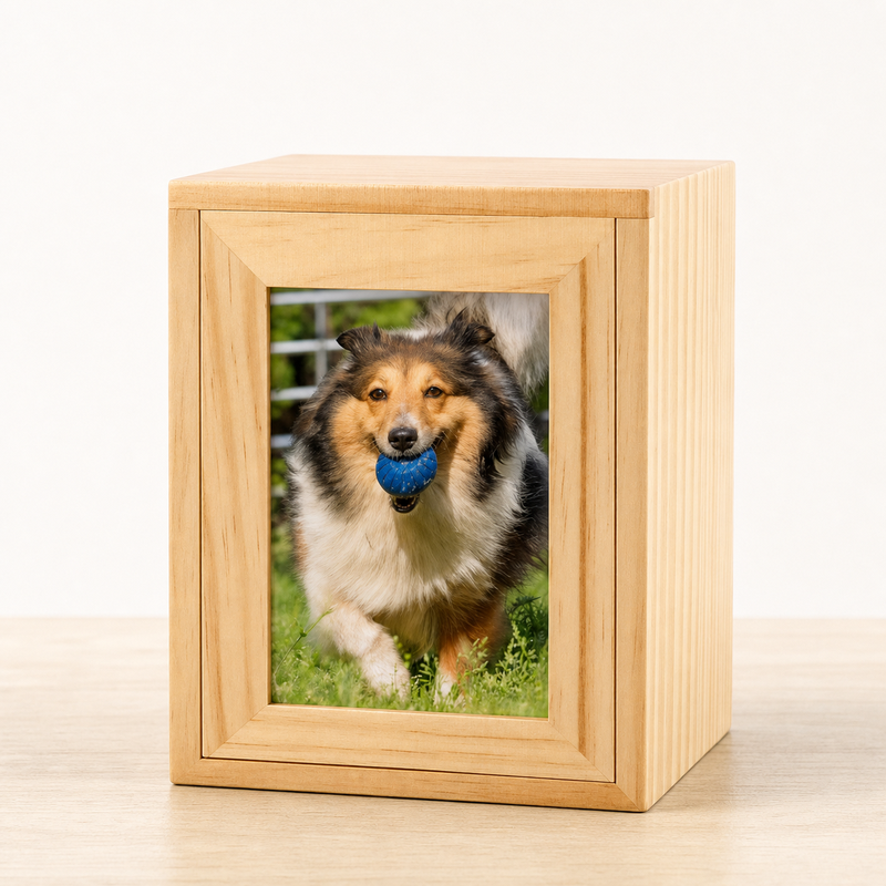 Pet Memorial Urn Box – Natural Wood with Photo Frame