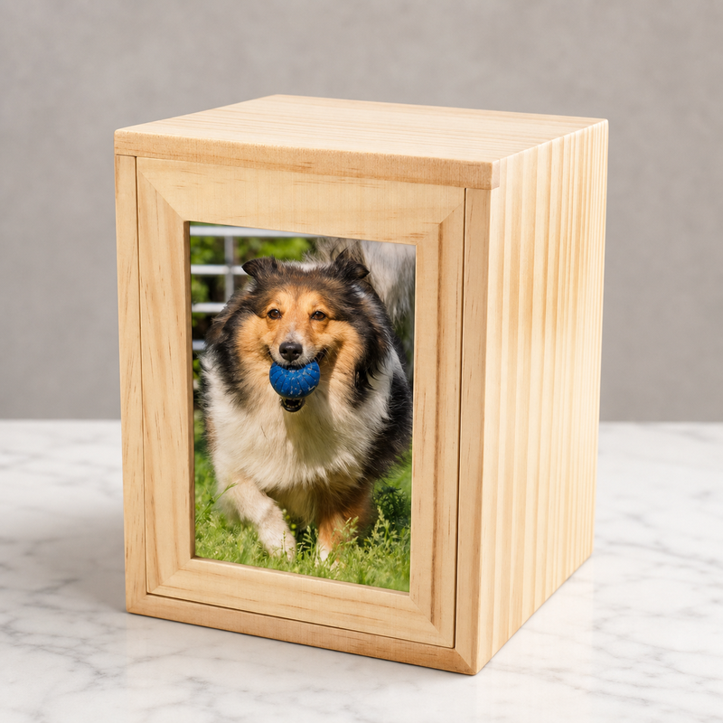 Pet Memorial Urn Box – Natural Wood with Photo Frame