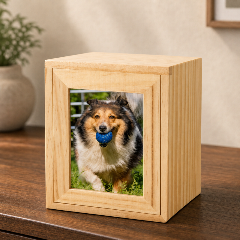 Pet Memorial Urn Box – Natural Wood with Photo Frame