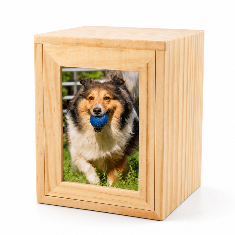 Pet Memorial Urn Box – Natural Wood with Photo Frame