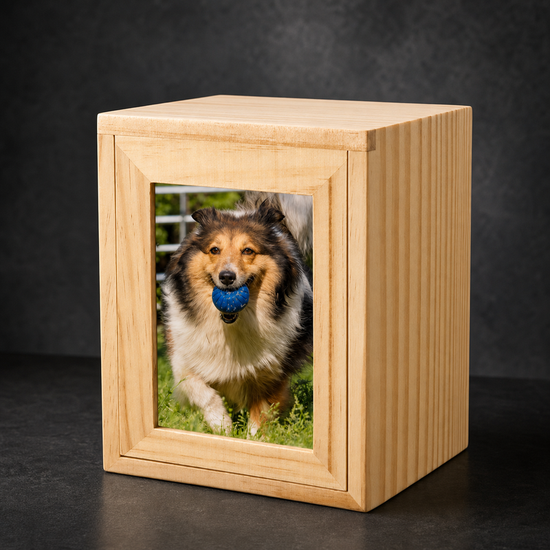 Pet Memorial Urn Box – Natural Wood with Photo Frame