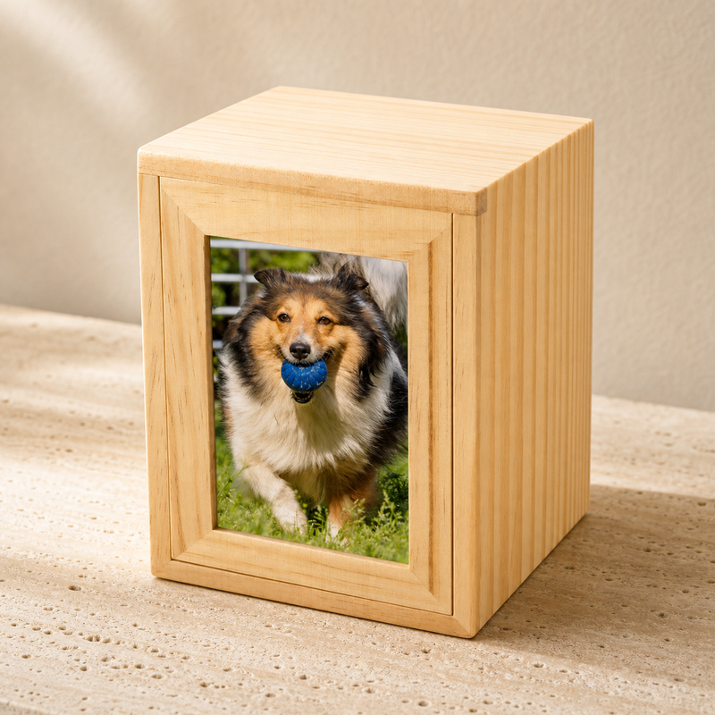 Pet Memorial Urn Box – Natural Wood with Photo Frame