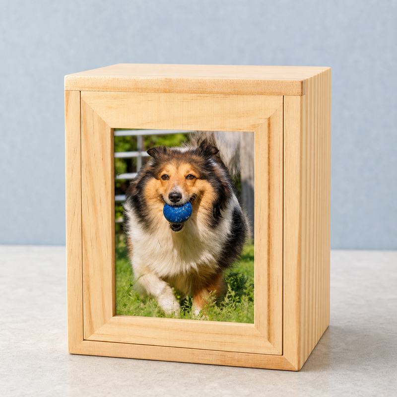 Pet Memorial Urn Box – Natural Wood with Photo Frame