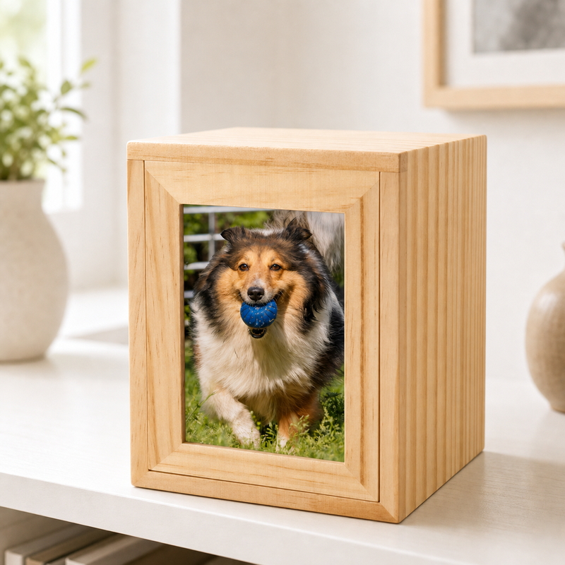 Pet Memorial Urn Box – Natural Wood with Photo Frame