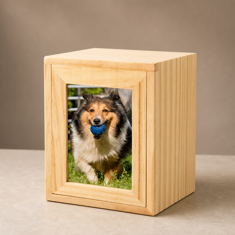 Pet Memorial Urn Box – Natural Wood with Photo Frame