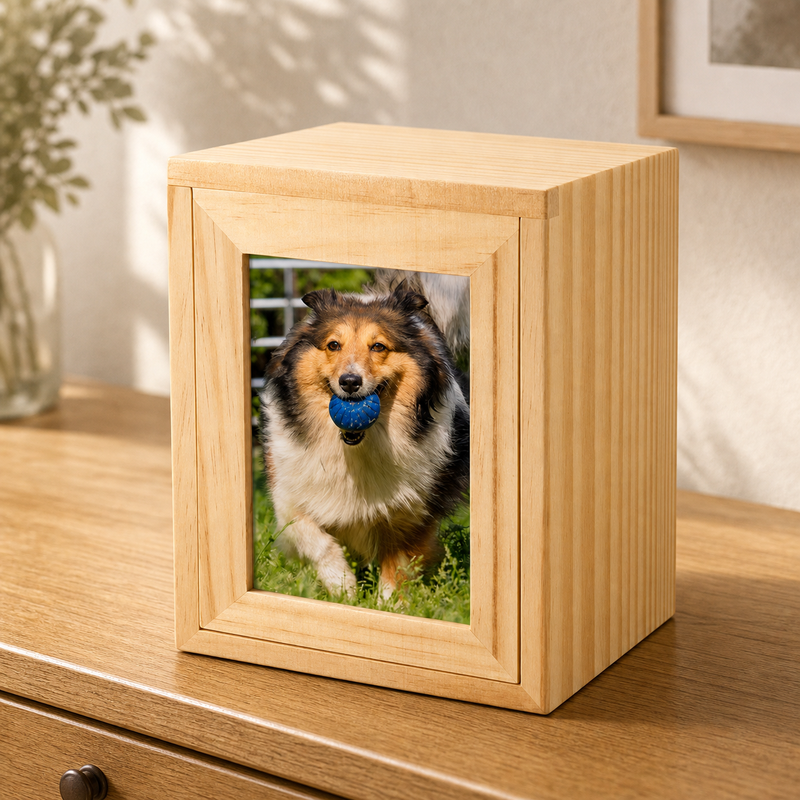 Pet Memorial Urn Box – Natural Wood with Photo Frame