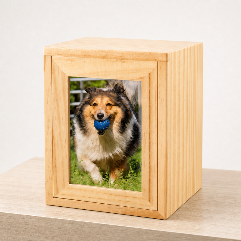 Pet Memorial Urn Box – Natural Wood with Photo Frame