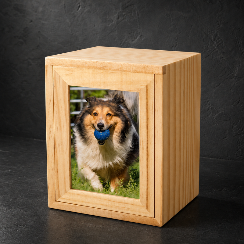 Pet Memorial Urn Box – Natural Wood with Photo Frame