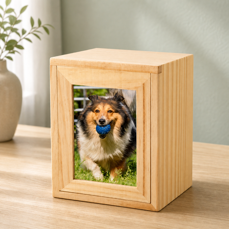 Pet Memorial Urn Box – Natural Wood with Photo Frame
