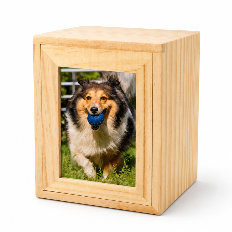 Pet Memorial Urn Box – Natural Wood with Photo Frame