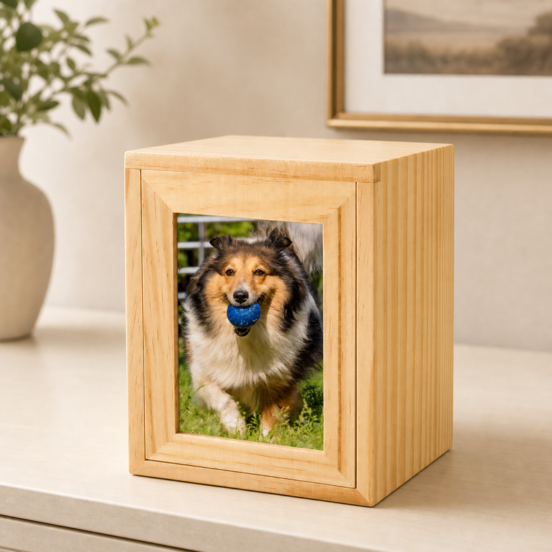 Pet Memorial Urn Box – Natural Wood with Photo Frame