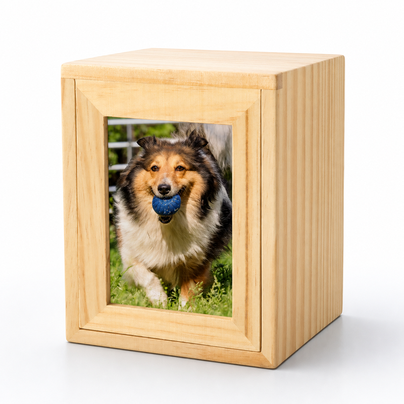 Pet Memorial Urn Box – Natural Wood with Photo Frame