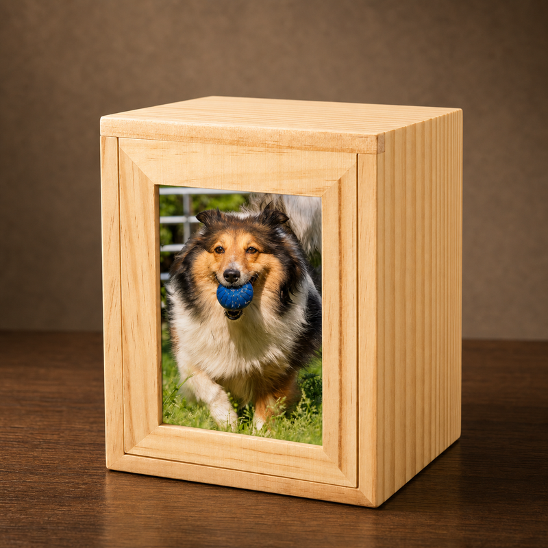 Pet Memorial Urn Box – Natural Wood with Photo Frame