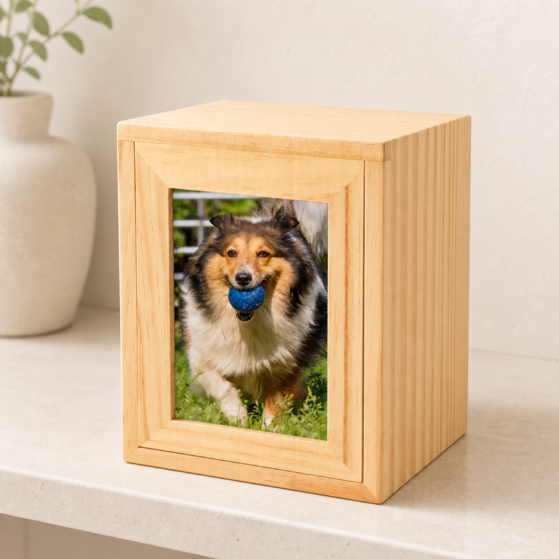Pet Memorial Urn Box – Natural Wood with Photo Frame