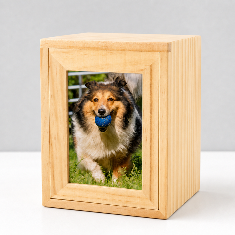 Pet Memorial Urn Box – Natural Wood with Photo Frame