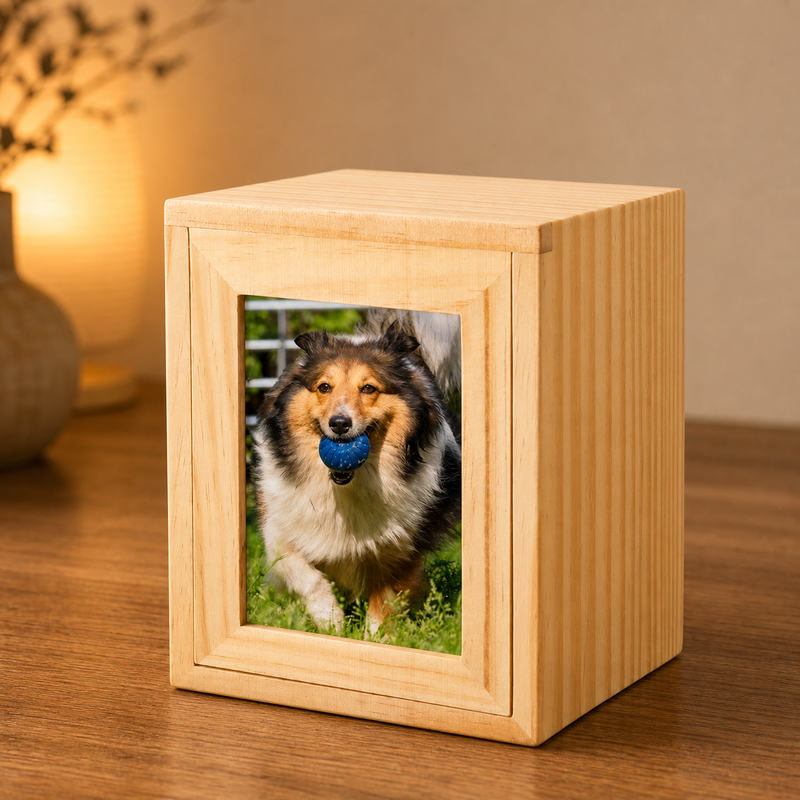 Pet Memorial Urn Box – Natural Wood with Photo Frame