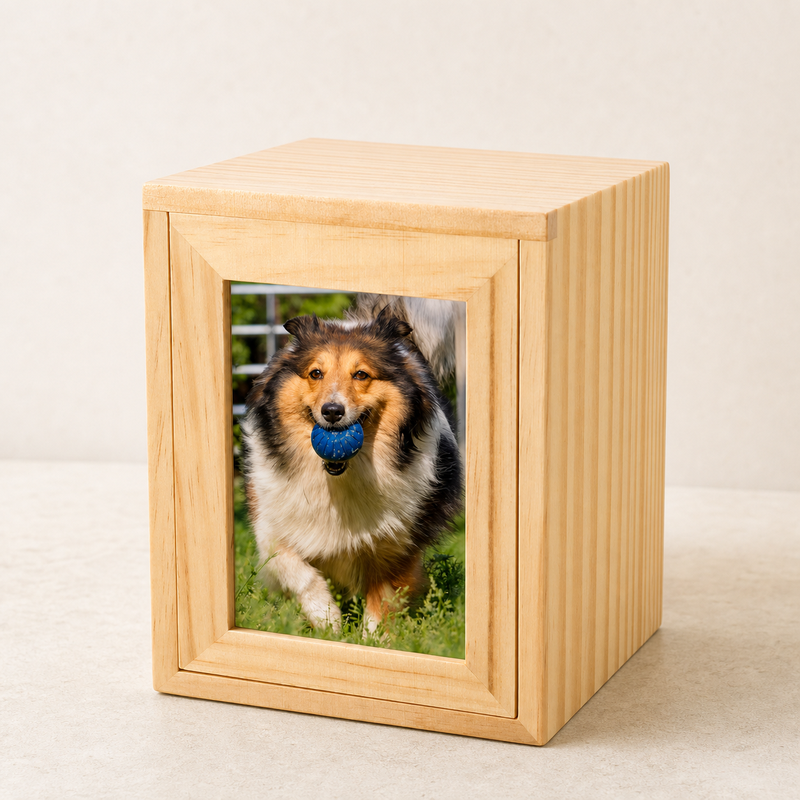 Pet Memorial Urn Box – Natural Wood with Photo Frame