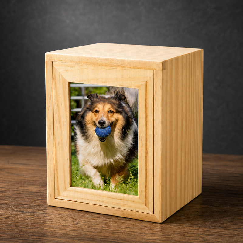 Pet Memorial Urn Box – Natural Wood with Photo Frame