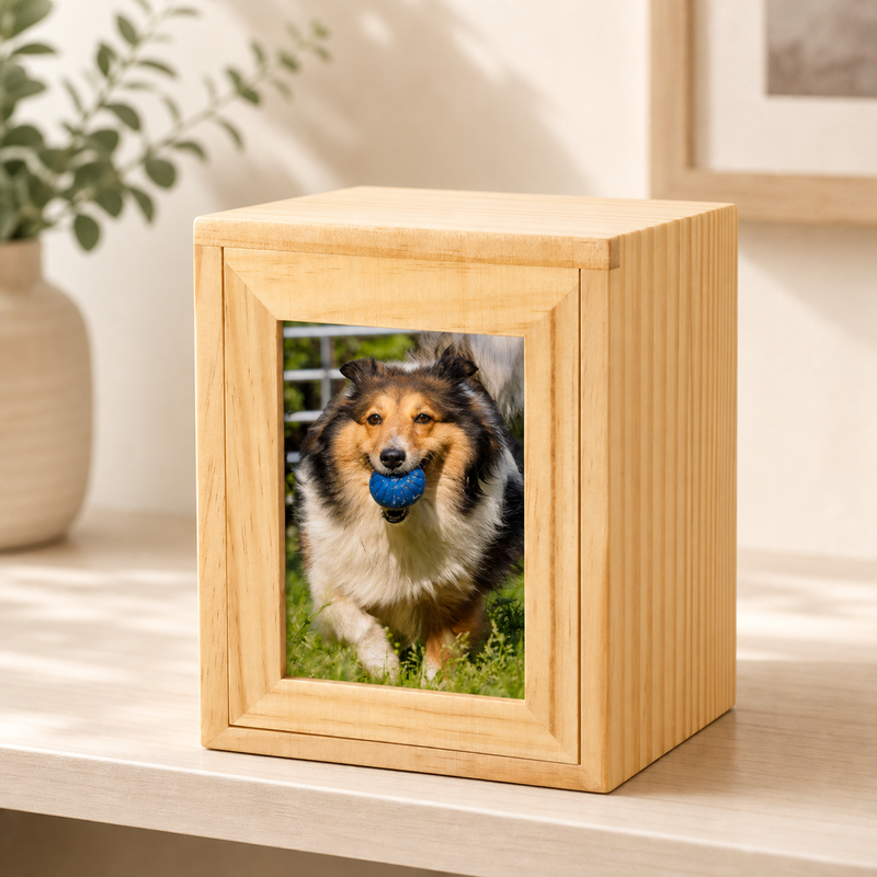 Pet Memorial Urn Box – Natural Wood with Photo Frame