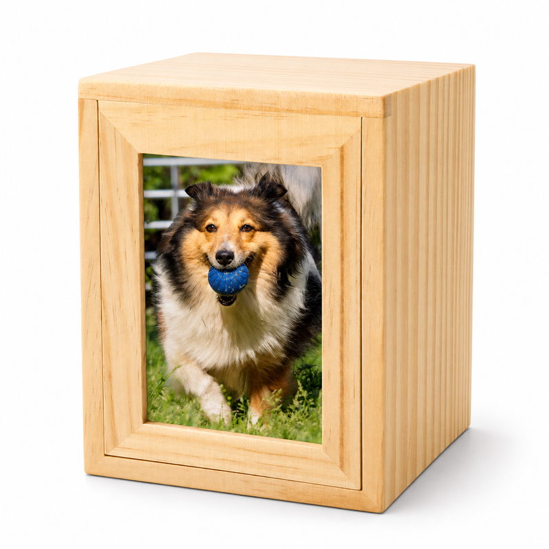Pet Memorial Urn Box – Natural Wood with Photo Frame