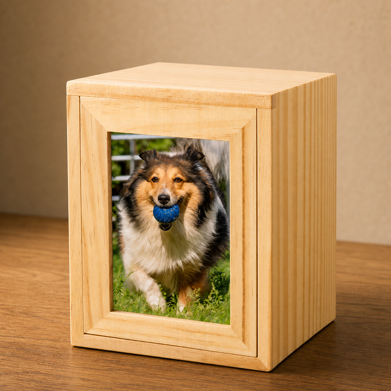 Pet Memorial Urn Box – Natural Wood with Photo Frame