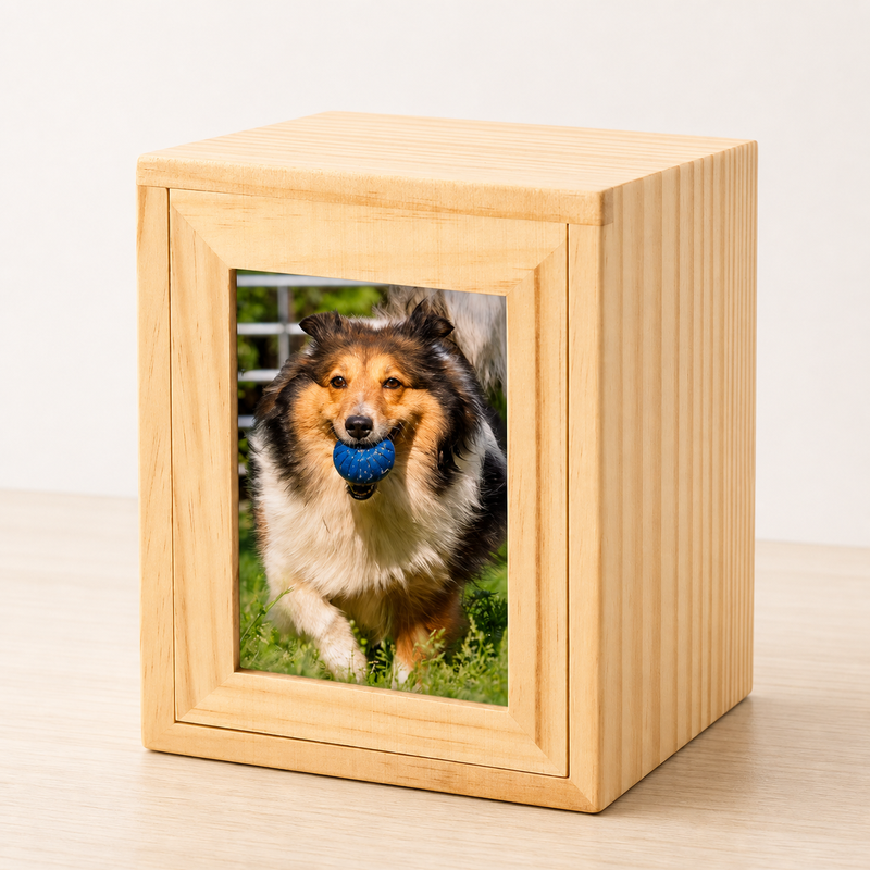Pet Memorial Urn Box – Natural Wood with Photo Frame