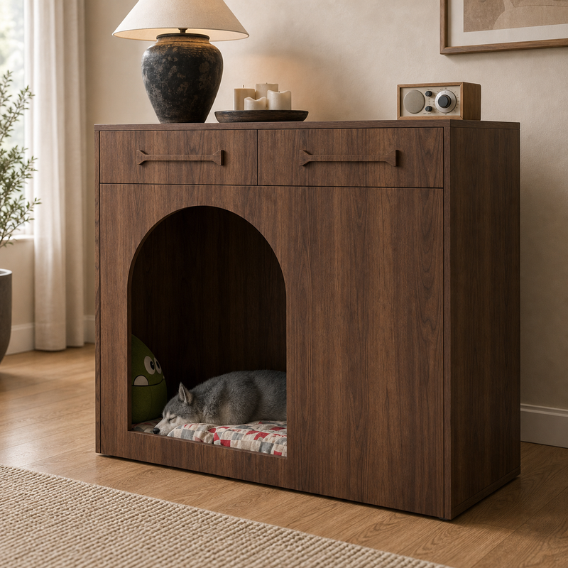 Pet House Storage Cabinet – Walnut with Arched Entrance
